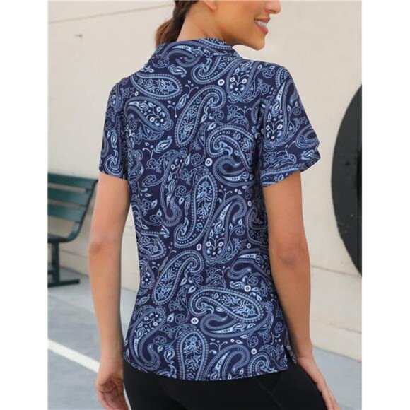 Womens Golf Polo Shirts 1/4 Zip Up Overlap Short Sleeve Quick Dry Workout Tops - Picture 2 of 6